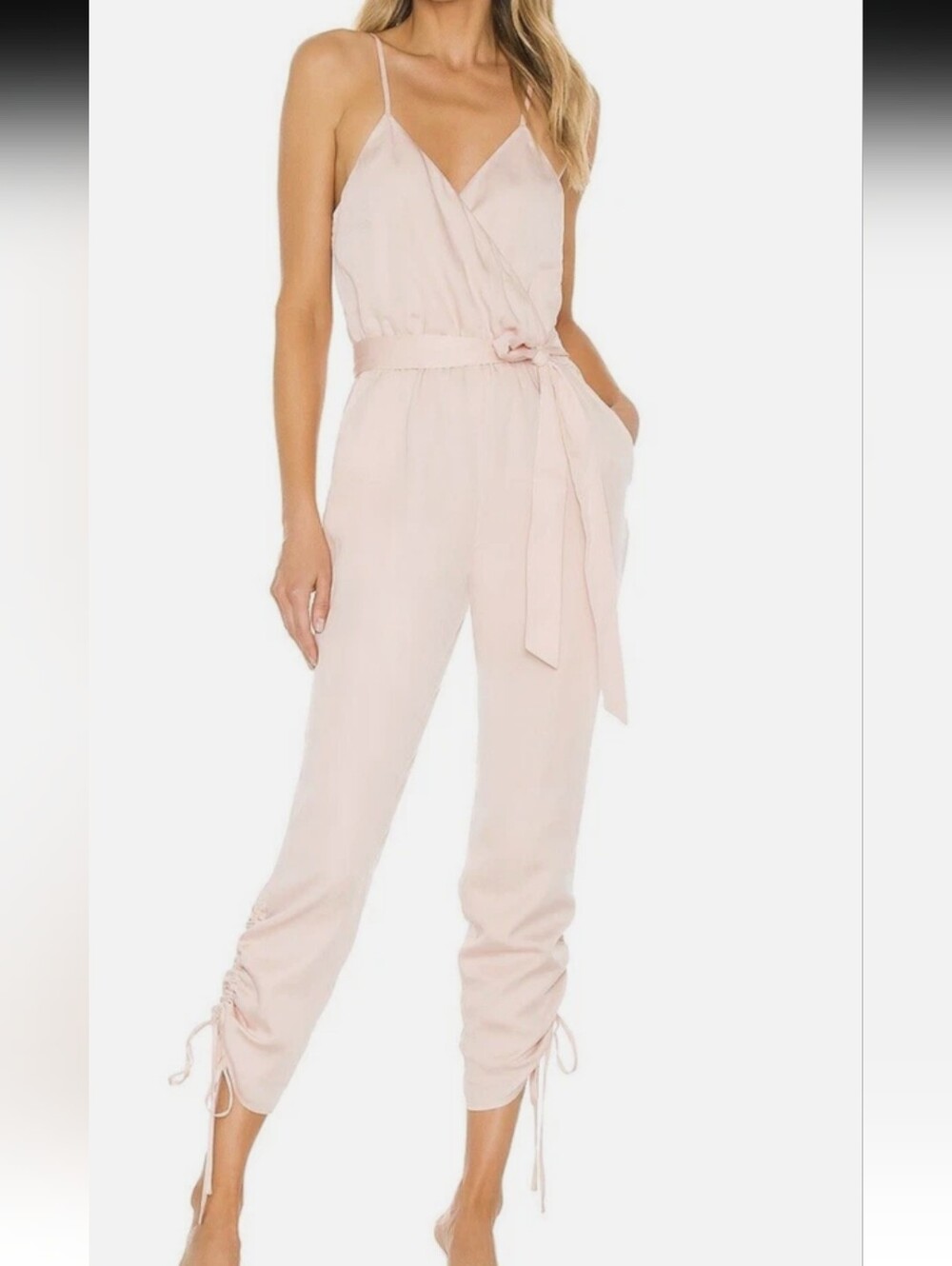 Lovers And Friends Tony Sleeveless Wrap Front Jumpsuit in Light Blush. Soft Girl